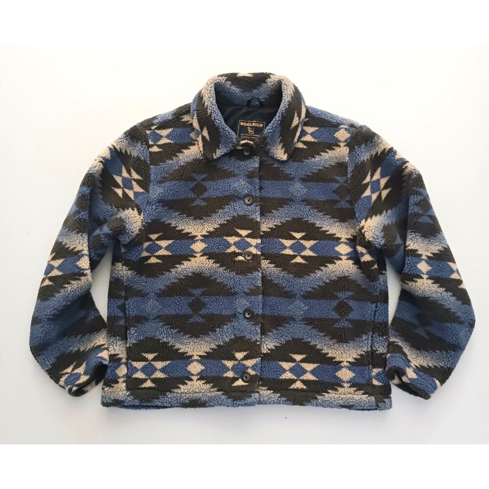 Woolrich Short Fleece Jacket Blue Gray Southwest Button Front Pockets Sz L